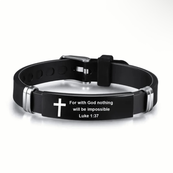 Black Christian Bracelet with Verse and Cross, Nothing is Impossible - Picture 3 of 6